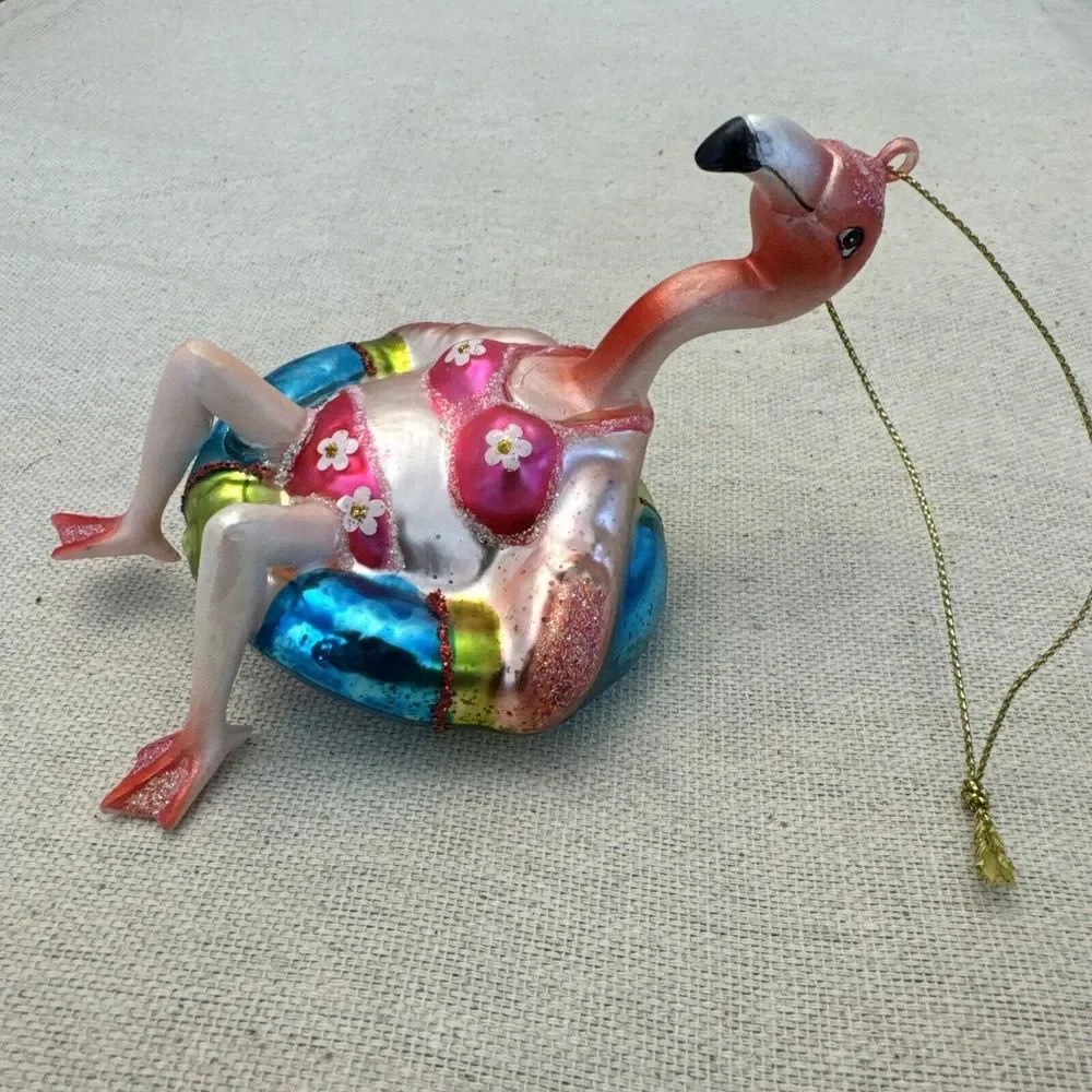 Flemingo Tubing Tube Xmas Blown Glass Ornament Bikini Float Life Saver Ring Pink